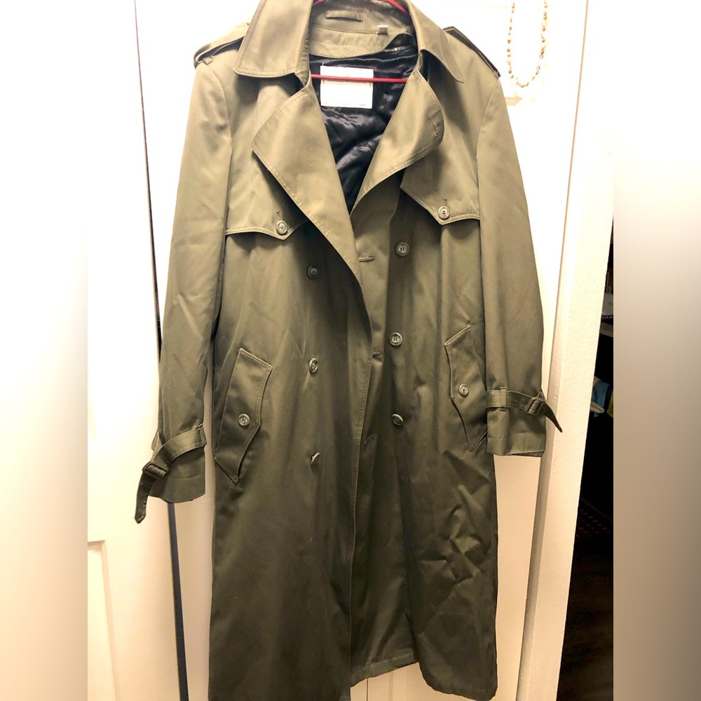 Trench Coat Men London Towne Fog Short Olive Green Full Length Lined Belt Sz 40L